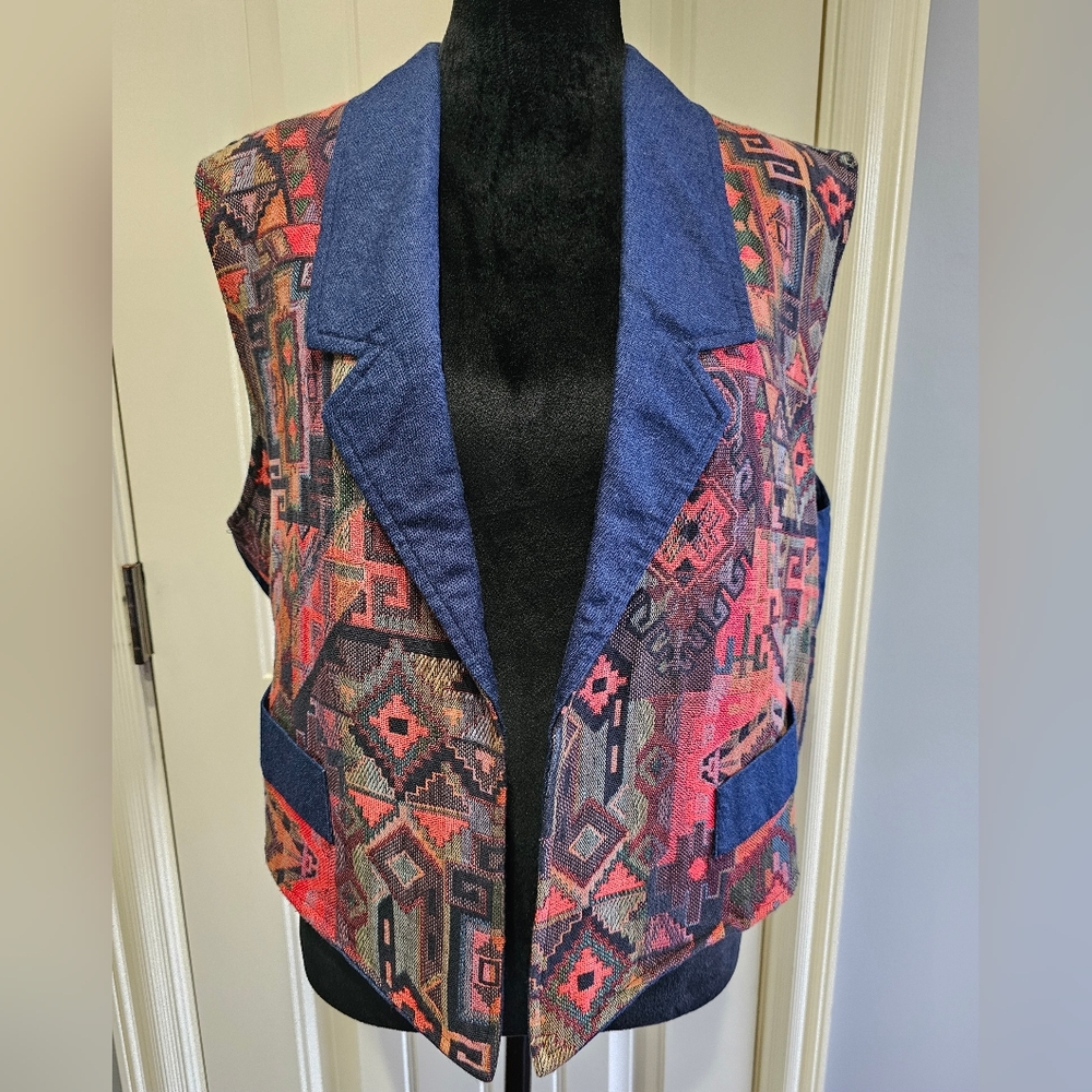 Vintage 90s Soutwestern Cotton Tapestry Vest Tarango Mary Gonzales USA Medium